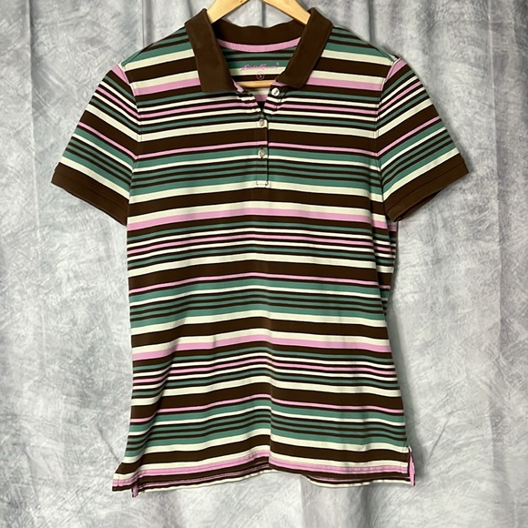Eddie Bauer Aqua, Brown, Pink & Cream Striped Short Sleeve Polo - size Small - Picture 6 of 14